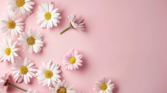 Pink background with scattered white daisies - An image of numerous white daisy flowers scattered artistically across a soft pink background with room for text
