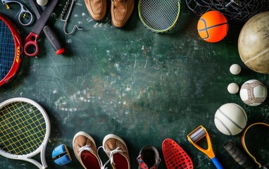 An overhead view background of various sports equipment with empty space - obrazy, fototapety, plakaty