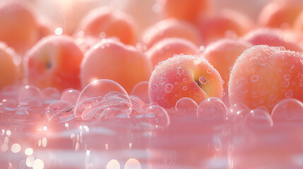 the water includes some peach blossoms flowing in the water, in the style of pinkcore, luminous spheres, photorealistic art, applecore, light pink,cute and dreamy, elaborate fruit arrangements.