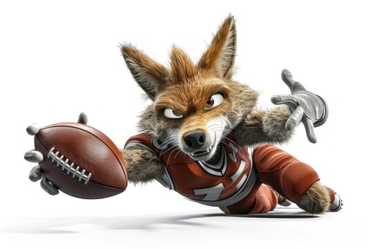 A cartoonish fox is playing football and has a football in his mouth