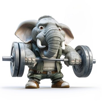 A cartoon elephant is lifting a weight