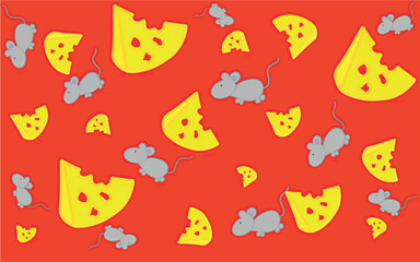 Cartoon pattern of cheese and mice. Pattern for children. Illustration with mice and a slice of cheese for printing on fabric, paper, bed linen, pajamas, stationery, wallpaper, notepads, dishes.