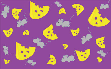 Cartoon pattern of cheese and mice. Pattern for children. Illustration with mice and a slice of cheese for printing on fabric, paper, bed linen, pajamas, stationery, wallpaper, notepads, dishes.