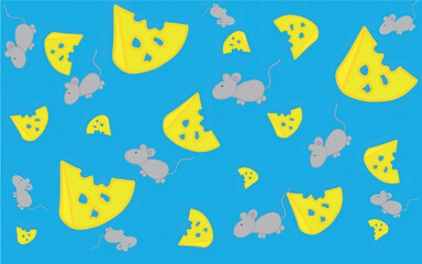 Cartoon pattern of cheese and mice. Pattern for children. Illustration with mice and a slice of cheese for printing on fabric, paper, bed linen, pajamas, stationery, wallpaper, notepads, dishes.