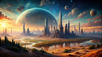 Alien planet landscape with futuristic scifi city with flying vehicles