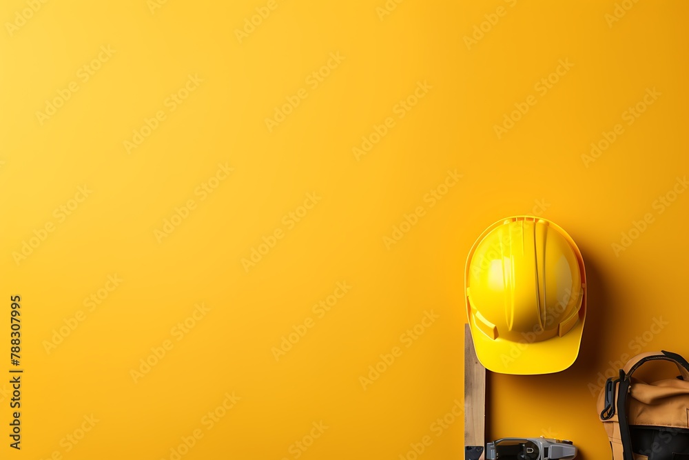 Wall mural construction tools on yellow background. top view with space for your text