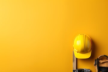 Construction tools on yellow background. Top view with space for your text