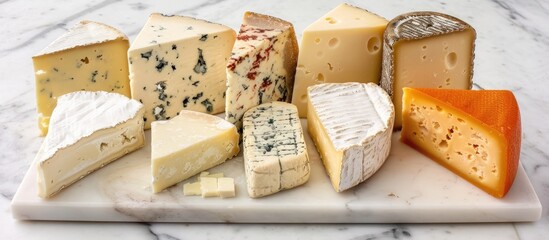 Assortment of cheeses displayed on a marble serving board.