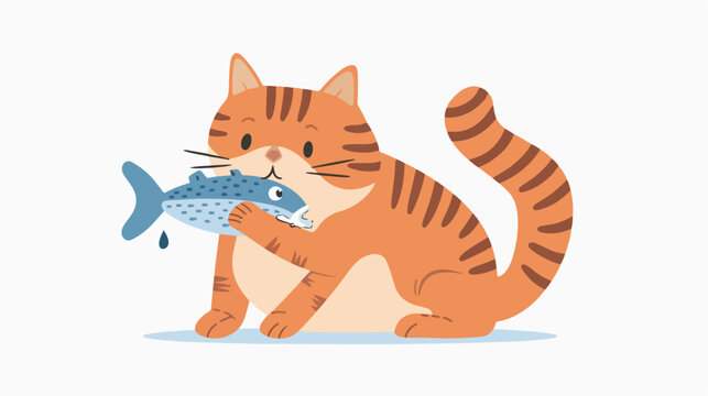 Cute adorable cat sitting with fish in mouth. Sweet 