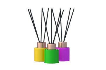Colorful reed diffusers with aroma sticks isolated on white background. 3d render - obrazy, fototapety, plakaty