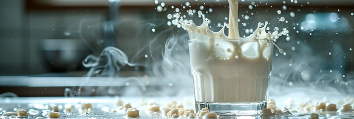 A Glass of Milk Being Poured into a Glass ,
A glass of iced coffee with a splash of milk and coffee beans around
