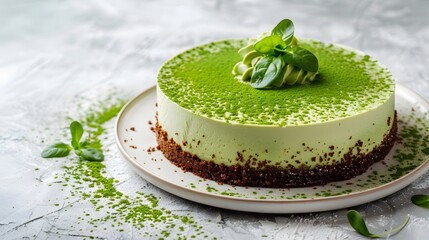A vibrant green matcha cheesecake, perfectly centered against a clean, light background.