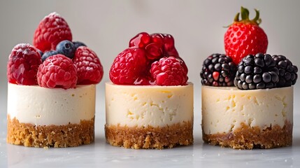 A close-up of a mini cheesecake sampler, each different flavor clearly displayed against a plain background. - obrazy, fototapety, plakaty