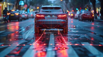 autonomous cars sensor systems for safety of driverless cars future adaptive cruise control that senses nearby vehicles and pedestrians smart transportation technologyphoto illustration - obrazy, fototapety, plakaty