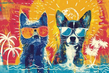 A cat and dog wearing sunglasses, summer background with suns and palm trees drawn.