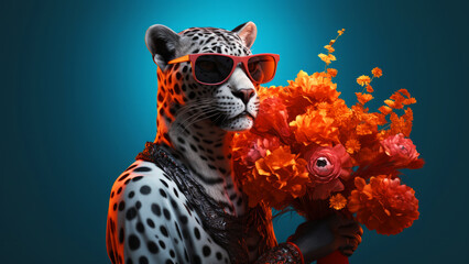 Anthropomorphic hyperrealistic cyberpunk leopard character wearing sunglasses holding bouquet of flowers on minimal blue background. Modern pop art illustration - obrazy, fototapety, plakaty