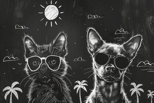 A cat and dog wearing sunglasses, summer background with suns and palm trees drawn.