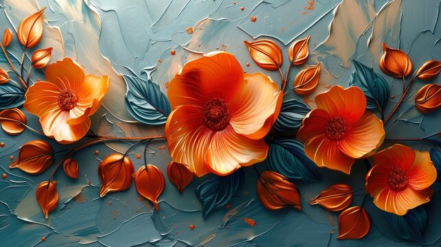 oil paintings of abstract flowers and leaves sprinkled paint on smooth paper giving the paper a golden texture prints wallpapers posters cards murals rugs hangings wall art postersimage illustration