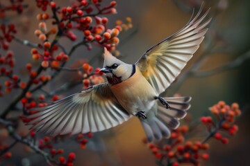 Crested waxwing bird flying with tree branches with red berries in the background