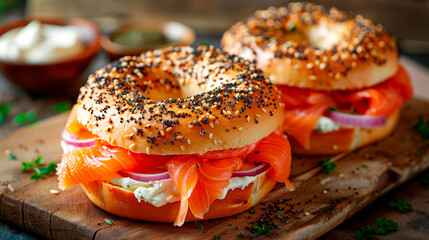 A bagel with salmon and cream cheese