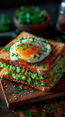 Sandwich with guacamole and fried eggs