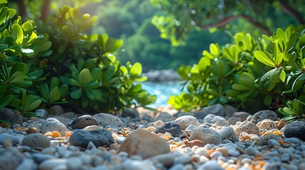 contrast of rocks on the beach against a backdrop of vibrant green vegetation, their earthy tones and organic shapes captured in stunning 8k full ultra HD detail.