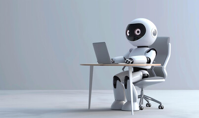 AI 3D illustration robot with a laptop computer checking, collaborating with artificial intelligence