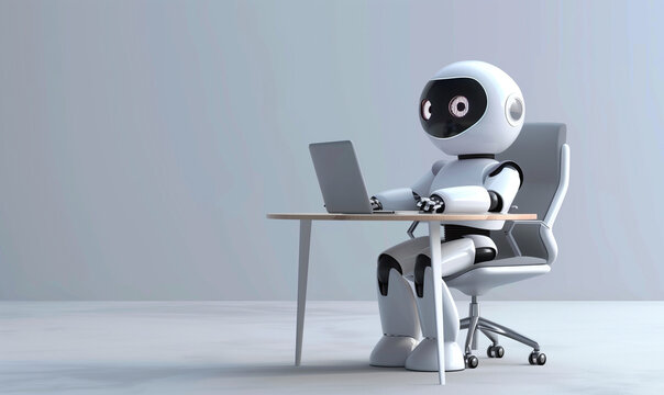 AI 3D illustration robot with a laptop computer checking, collaborating with artificial intelligence