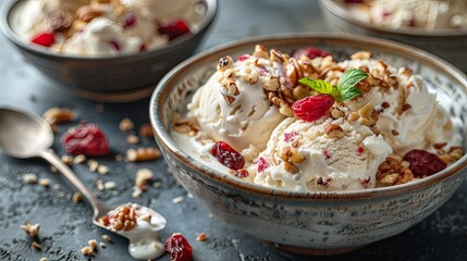 a bowl of ice cream with dried fruits and nuts and whipped cream. ai generated