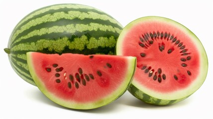 A green watermelon and two slices of watermelon isolated on white background