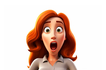Terrified shocked scared cartoon character young adult woman female with ginger hair person in 3d style design on light background. Human people feelings expression concept