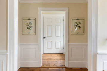 A softly lit hall with two vertical posters on cream walls on either side of the doorway, white wall panels, and a wooden floor—front view of the entrance door.