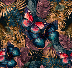 Tropical pattern background wallpaper of palm leaves and roses with colorful butterflies