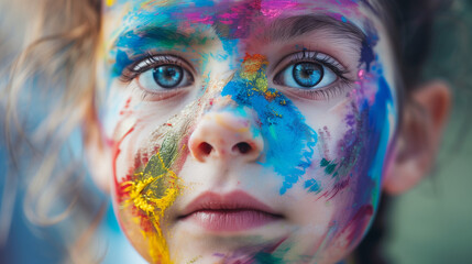 Closeup of a girls face with colorful paint on it