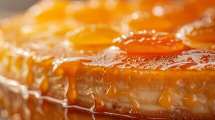 A close-up shot of a cheesecake with a glossy apricot glaze, highlighting the sheen against a simple background. 