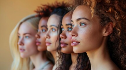 Obraz premium multi ethnic group of women each with a different type of skin color against a beige background caucasian african american and asian women are all togetherimage