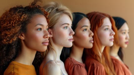 Obraz premium multi ethnic group of women each with a different type of skin color against a beige background caucasian african american and asian women are all togetherphoto illustration