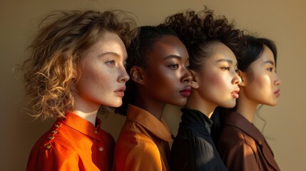 Obraz premium multi ethnic group of women each with a different type of skin color against a beige background caucasian african american and asian women are all togetherimage illustration