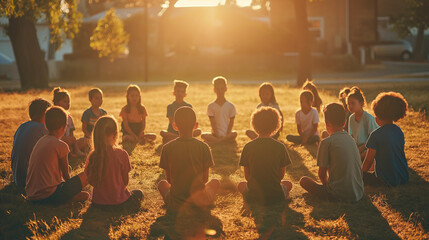 A photo of children in a prayer circle outside their school, lit by the morning sun, emphasizing unity and faith. , natural light, soft shadows, with copy space