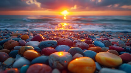 idyllic scene of colorful rocks on the shore of a pristine beach, their vivid colors reflecting the warm hues of the setting sun, captured in realistic 8k full ultra HD detail. - obrazy, fototapety, plakaty