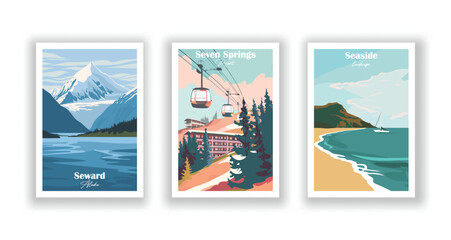 Naklejka premium Seaside, landscape, Seven Springs, Resort, Seward, Alaska - Vintage travel poster. Vector illustration. High quality prints