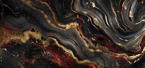 Abstract marble marbled marble stone granite texture luxury background banner - Black gold red color waves swirls structure - obrazy, fototapety, plakaty