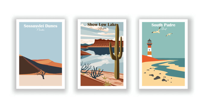 Show Low Lake, Arizona, Sossusvlei Dunes, Namibia, South Padre Island - Vintage travel poster. Vector illustration. High quality prints