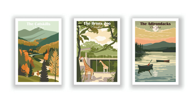 The Adirondacks, New York, The Bronx Zoo, New York, Catskills, New York - Vintage travel poster. Vector illustration. High quality prints