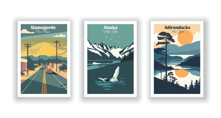 Adirondacks, New York, Alamogordo, New Mexico,Alaska, United States - Vintage travel poster. Vector illustration. High quality prints