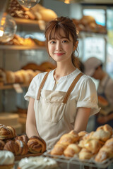 Japanese young woman work on bakery make bread and sale