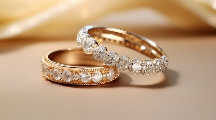A pair of couple Golden Diamond Wedding rings, Gold Background gold satin cloth, luxury Valentine, love, Jewelry 