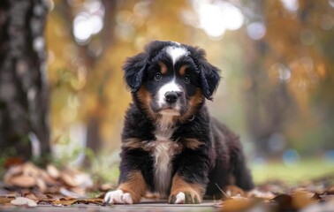 A bernese mountain puppy is laying on the ground in a park