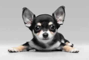 A chihuahua puppy is laying on a white surface