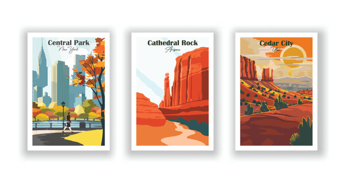 Cathedral Rock, Arizona, Cedar City, Utah, Central Park, New York - Vintage travel poster. Vector illustration. High quality prints